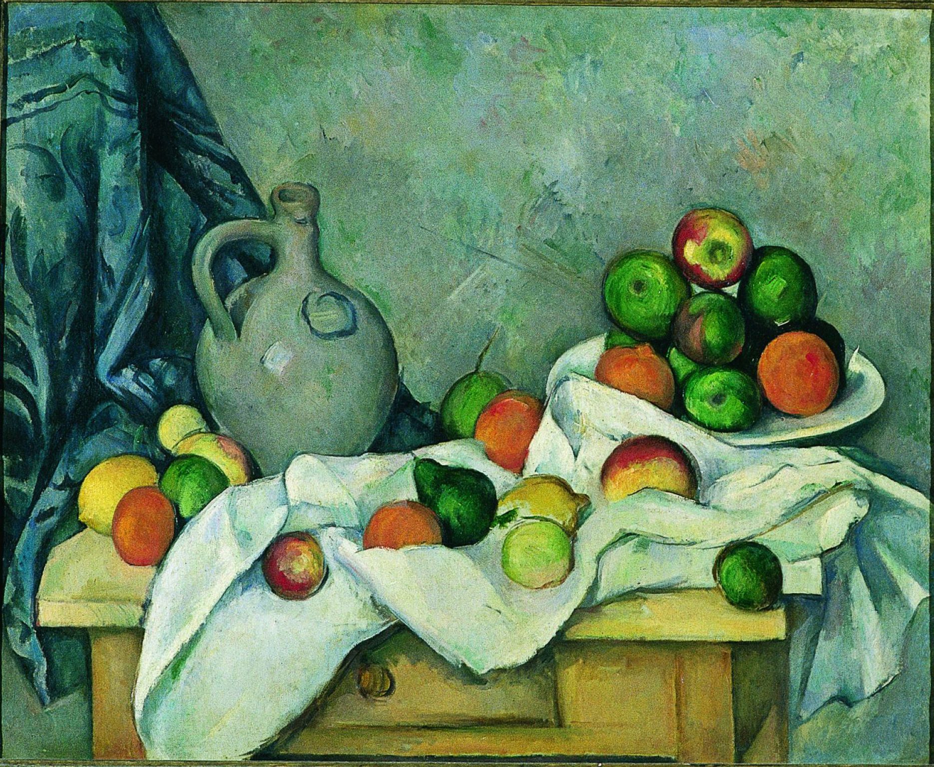 une nature morte : Rideau, cruchon et compotier, tableau de Paul Cézanne (1893-1894)
