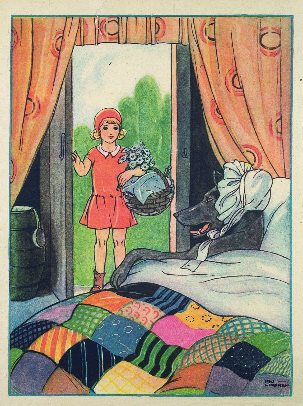 illustration de 1932 pour le conte de Perrault le Petit Chaperon rouge (scène du loup déguisé en grand-mère)