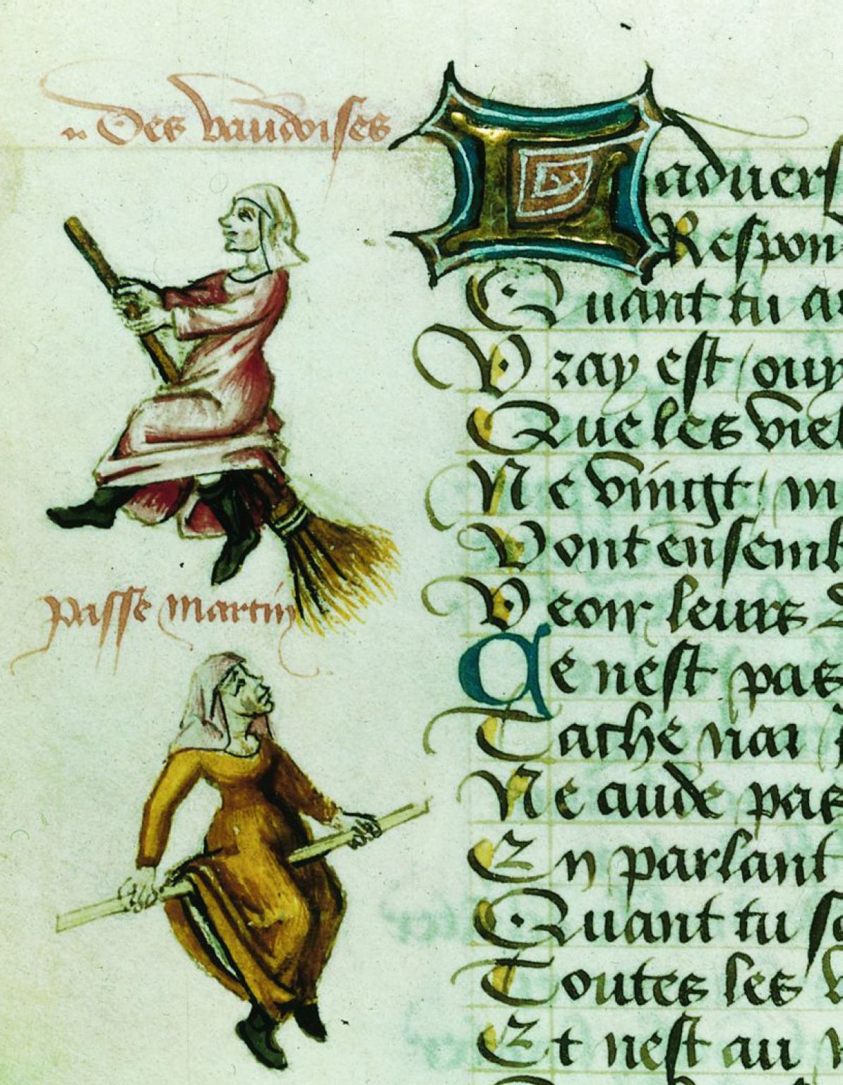 des sorcières chevauchant un balai (miniature du XVe siècle)
