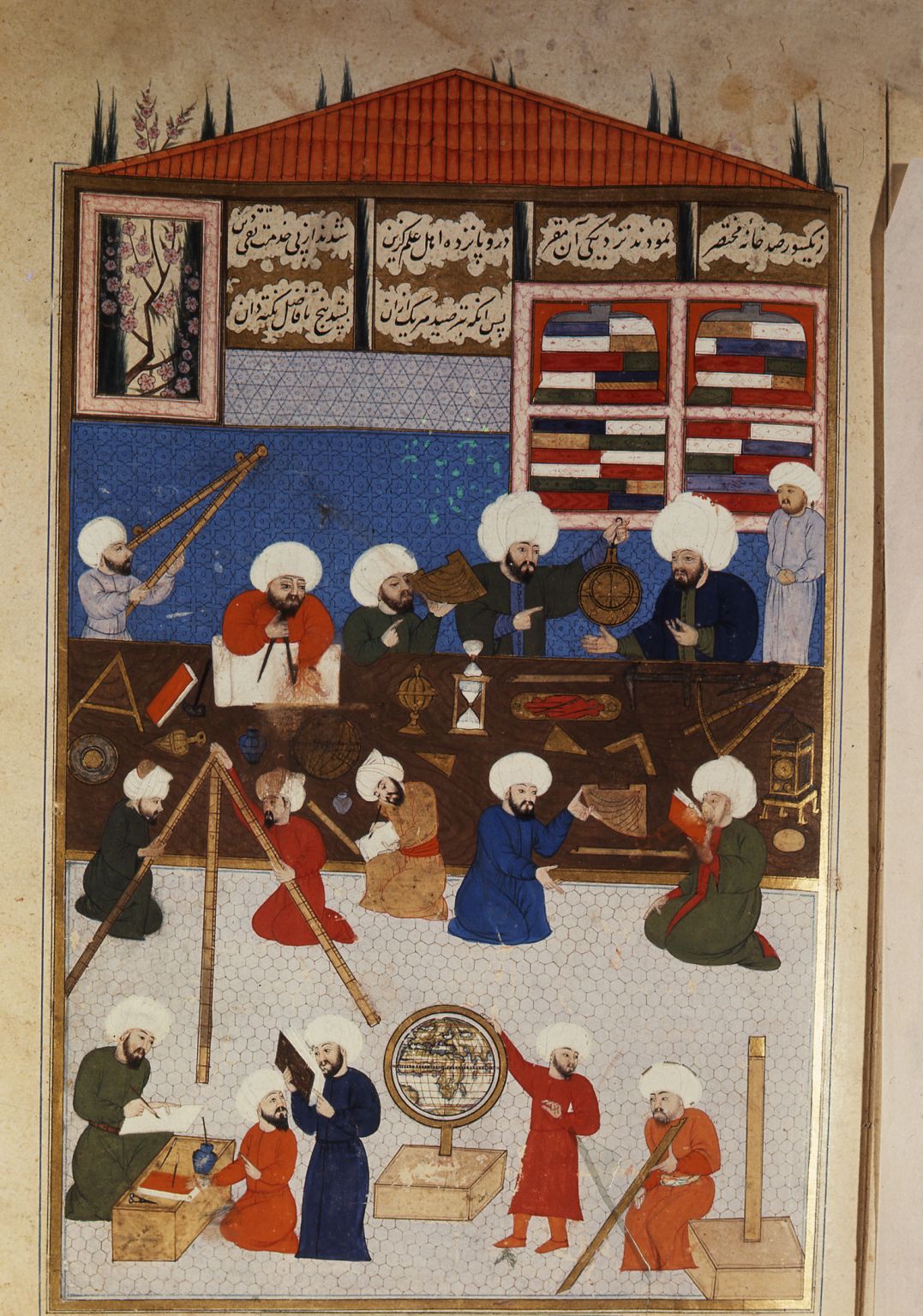 une miniature persane représentant des astronomes avec leurs instruments (XVIe siècle)