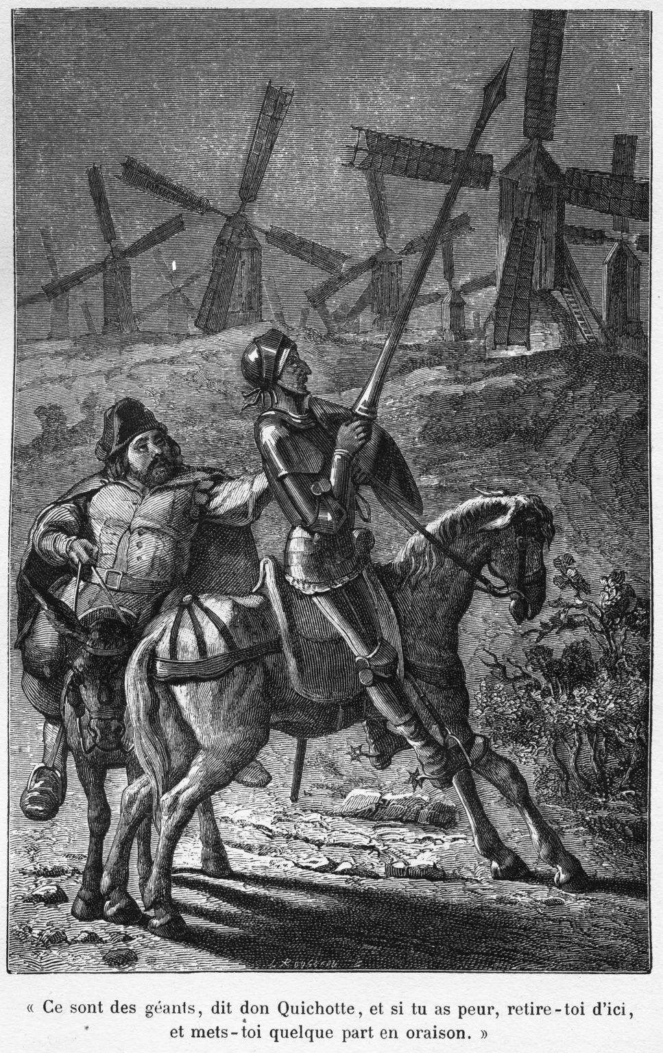 Don Quichotte, monté sur son cheval Rossinante, s’adresse à Sancho Pansa avant d’attaquer des moulins à vent qu’il prend pour des géants