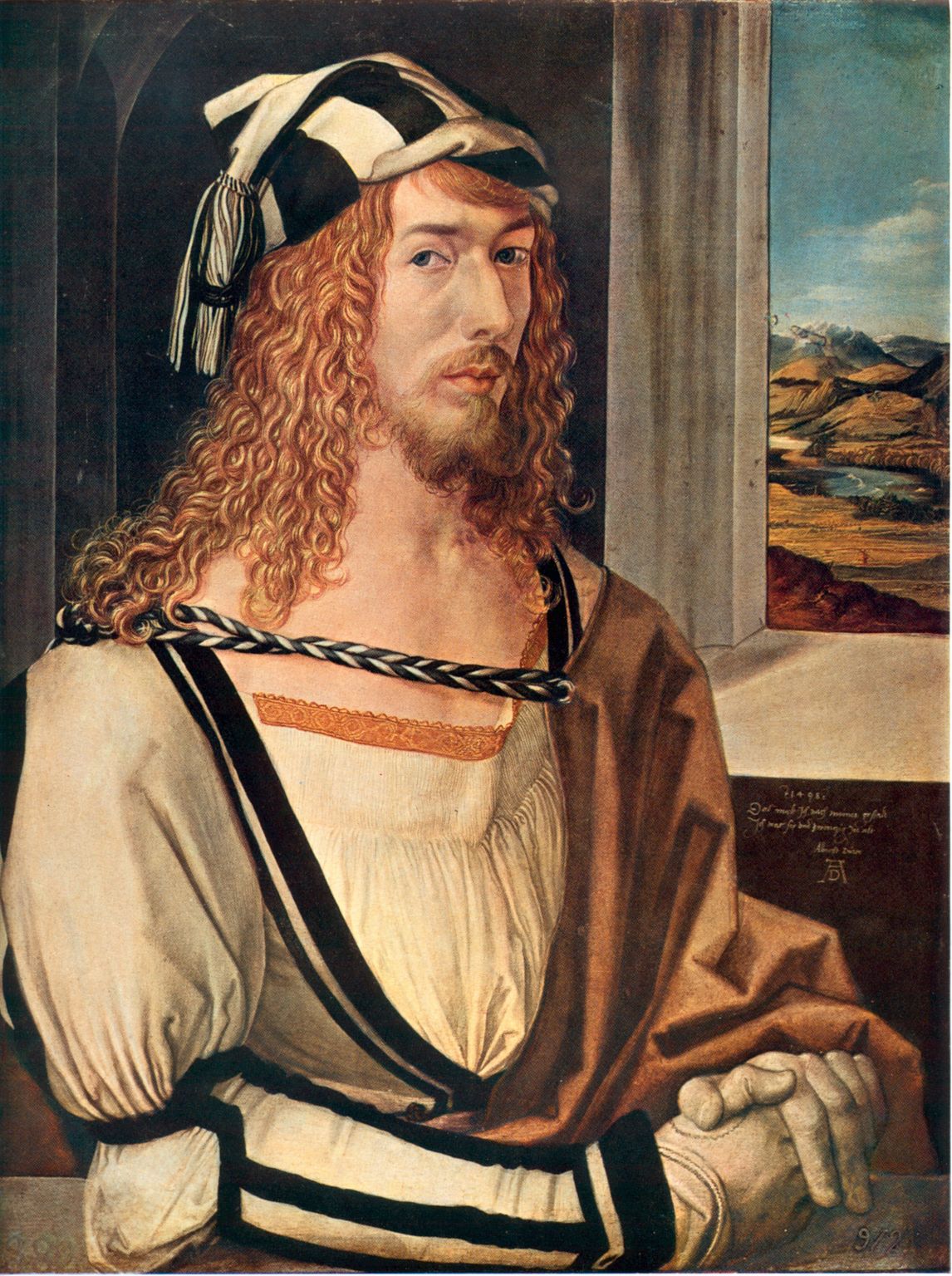 le peintre Albrecht Dürer vêtu d’un pourpoint blanc à bandes noires (Autoportrait, 1498)