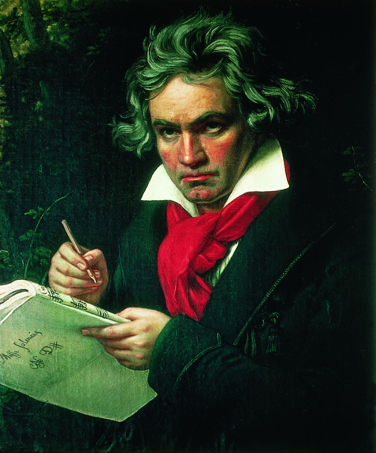 Ludwig van Beethoven avec le manuscrit de la 9e Symphonie
