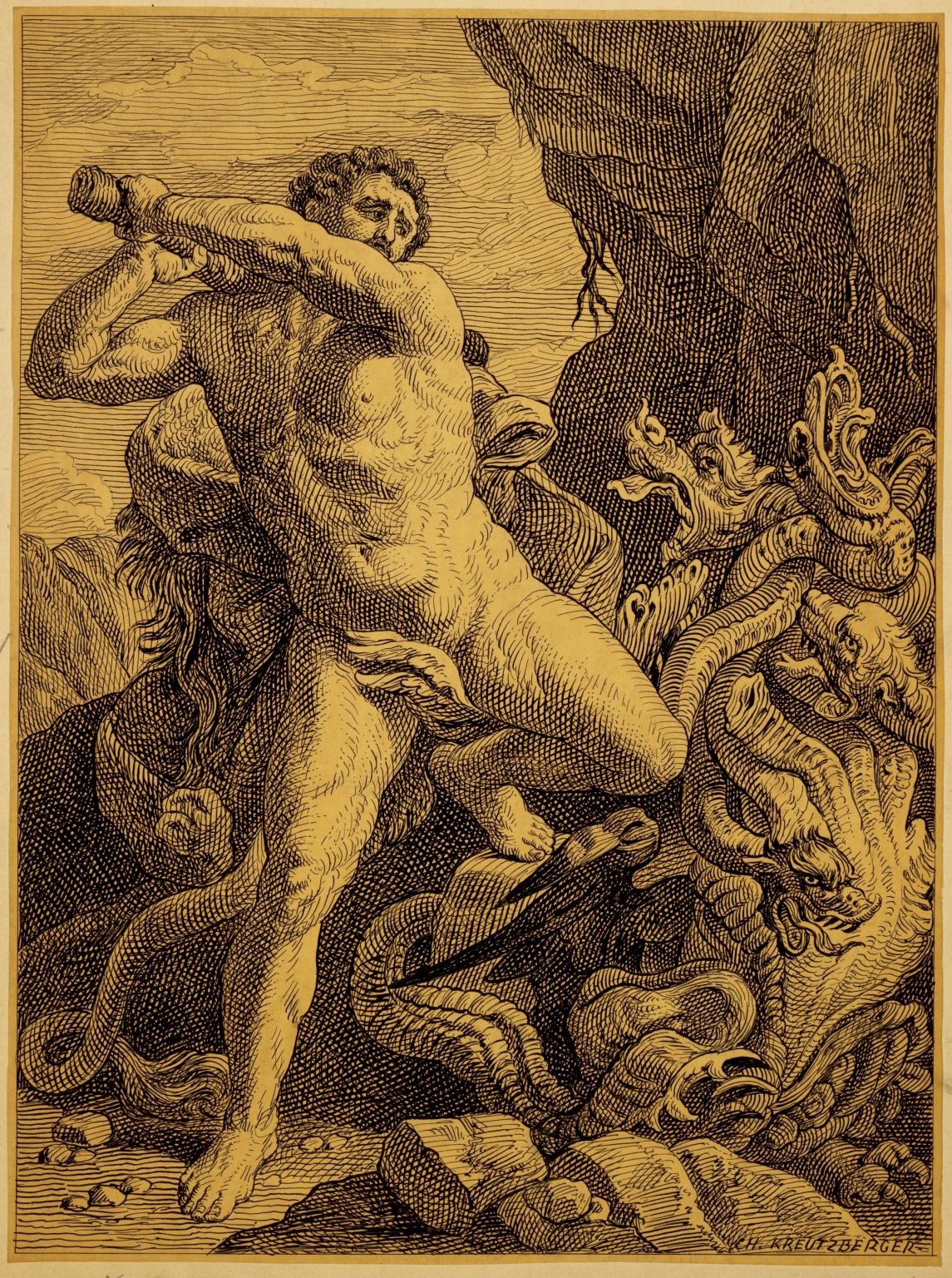 Hercule tuant l’Hydre de Lerne à l’aide de sa massue, dessin de 1829