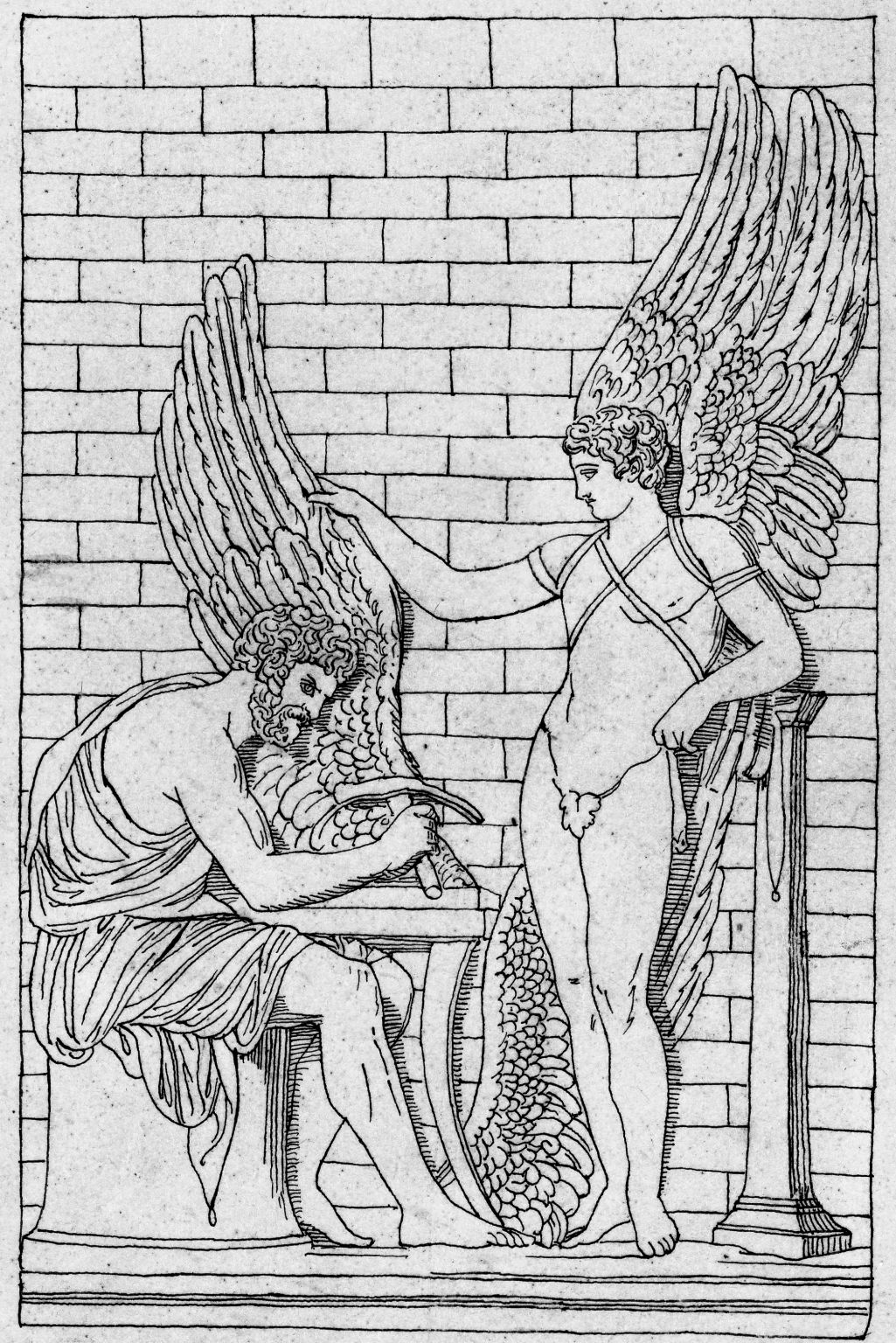 Dédale fabriquant des ailes à son fils Icare alors qu’ils sont emprisonnés dans le Labyrinthe