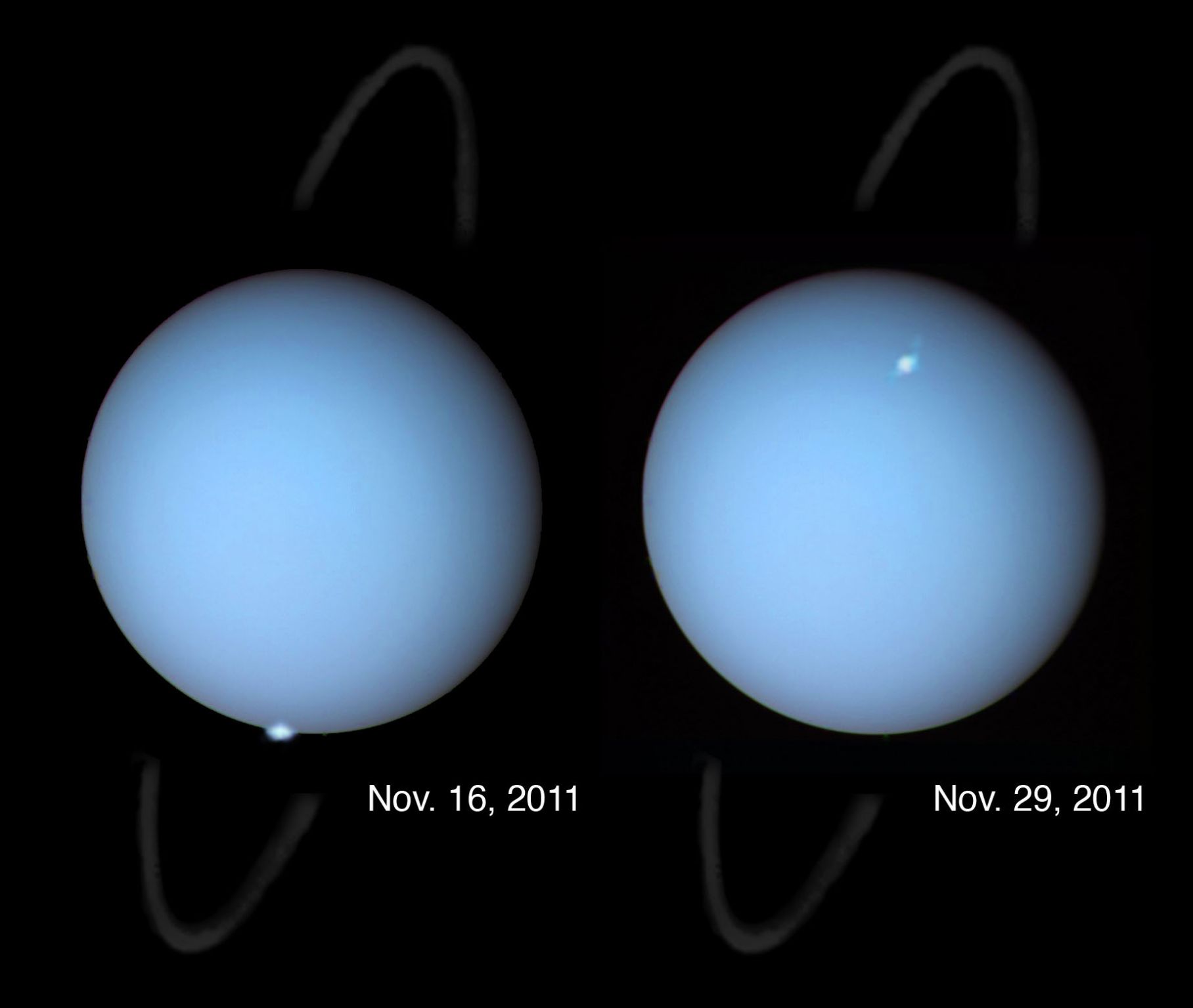 Uranus possède aussi des anneaux ; ces clichés à deux dates différentes permettent de suivre une aurore polaire (point blanc)